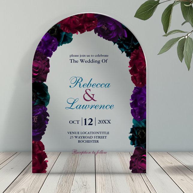 Chic jewel tones floral burgundy navy wedding arch acrylic invitations (Creator Uploaded)