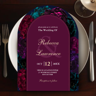 Chic jewel tones floral burgundy navy wedding arch invitation
