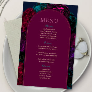 Chic jewel tones floral burgundy navy wedding menu