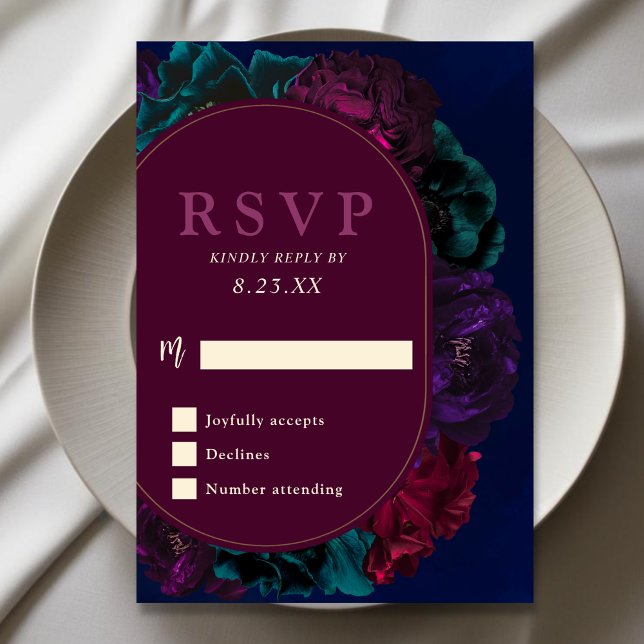 Chic jewel tones floral burgundy navy wedding  RSVP card (Creator Uploaded)