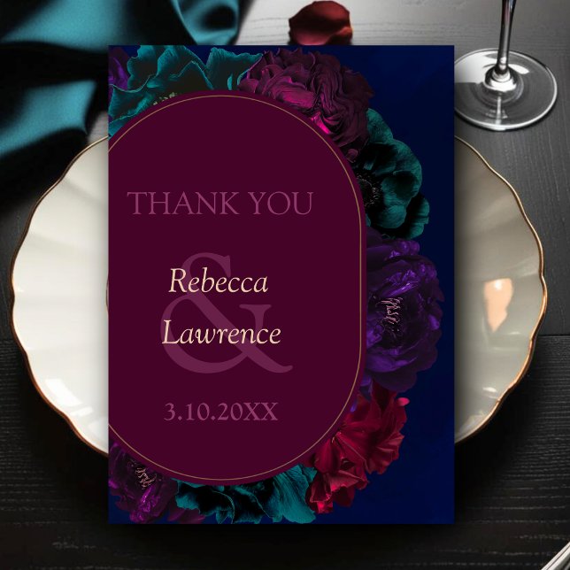 Chic  jewel tones floral burgundy navy wedding  thank you card (Creator Uploaded)