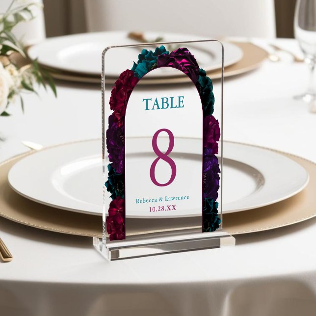 Chic jewel tones flowers wedding table numbers acrylic sign (Creator Uploaded)