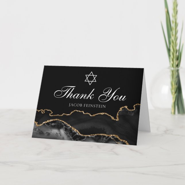 Chic Jewish Bar Mitzvah Black Gold Star of David Thank You Card (Front)