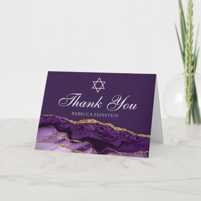 Chic Jewish Bat Mitzvah Purple Gold Star of David Thank You Card (Front)