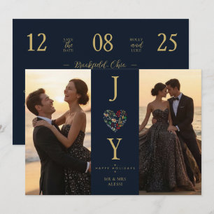 Chic Joy Holiday Photo Wedding Navy Gold TLW26 Save The Date