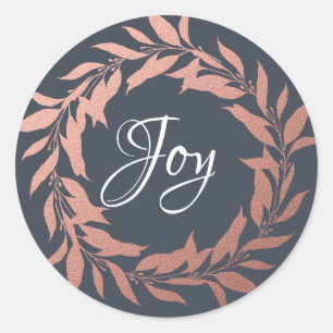 Chic Joy Rose Gold Wreath Christmas Dark Blue Classic Round Sticker