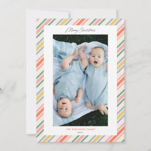Chic Joyful Stripes Frame Christmas Photo Card
