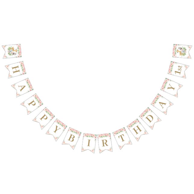 Chic Jungle Animals Blush Pink Floral Birthday Bunting (All)