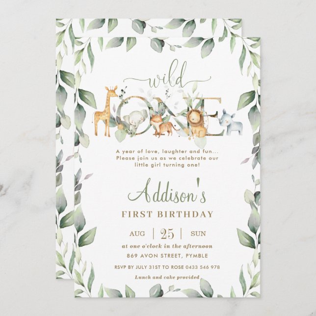 Chic Jungle Animals Greenery 1st Birthday Boy Girl Invitation (Front/Back)