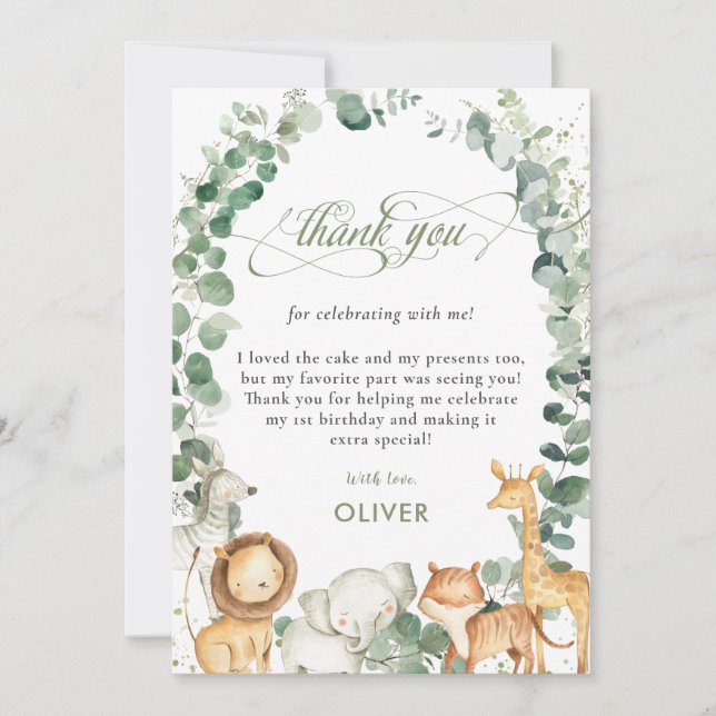Chic Jungle Animals Greenery 1st Birthday Party Thank You Card (Front)