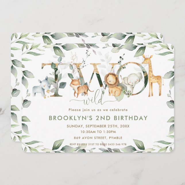 Chic Jungle Animals Greenery 2nd Birthday Two Wild Invitation (Front/Back)