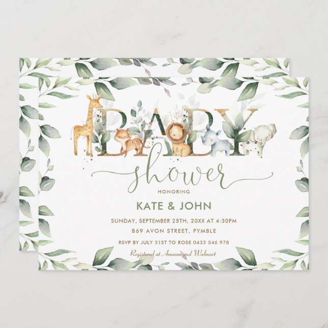 Chic Jungle Animals Greenery Baby Shower Neutral Invitation (Front/Back)
