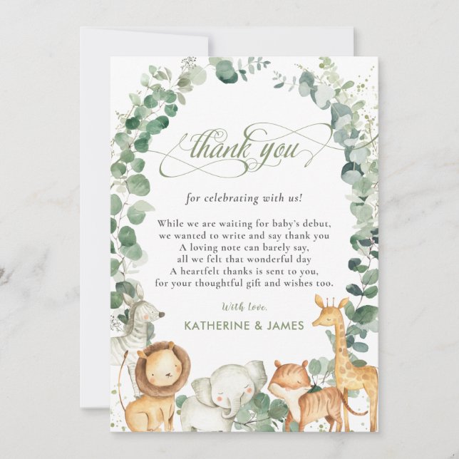  Chic Jungle Animals Greenery Baby Shower  Thank You Card (Front)
