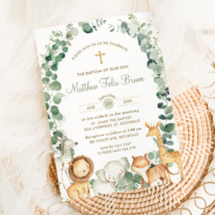 Chic Jungle Animals Greenery Baptism Christening  Invitation
