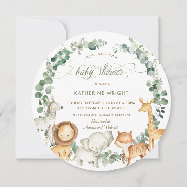 Chic Jungle Animals Greenery Neutral Baby Shower  Invitation (Front)