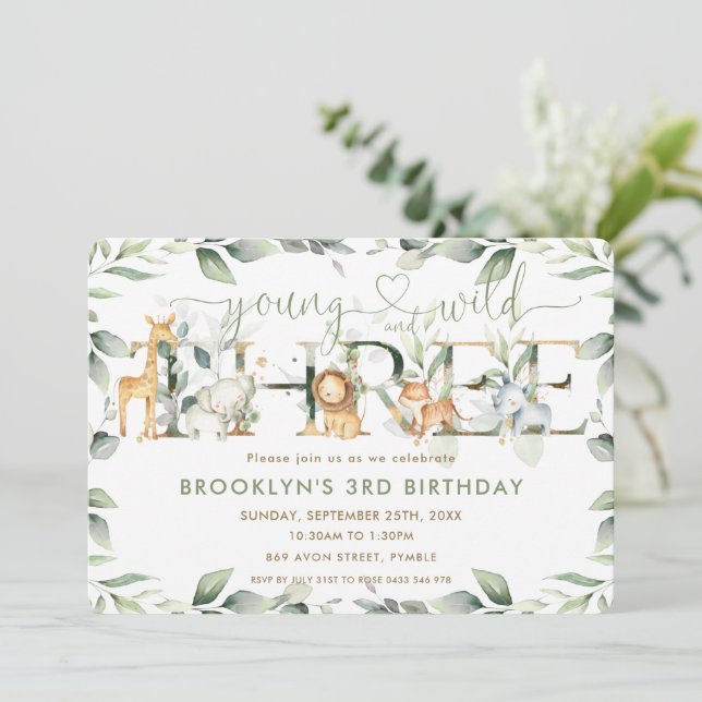 Chic Jungle Animals Greenery Wild 3rd Birthday  Invitation (Standing Front)