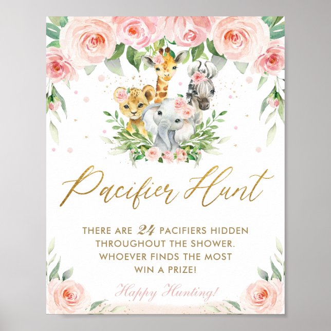 Chic Jungle Animals Pink Floral Pacifier Hunt Game Poster (Front)