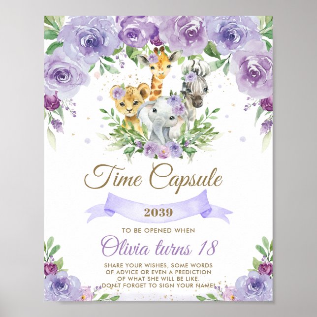 Chic Jungle Animals Purple Floral Time Capsule Poster (Front)