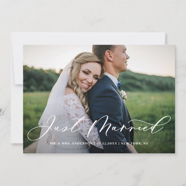 Chic Just Married Calligraphy Horizontal Photo Announcement (Front)