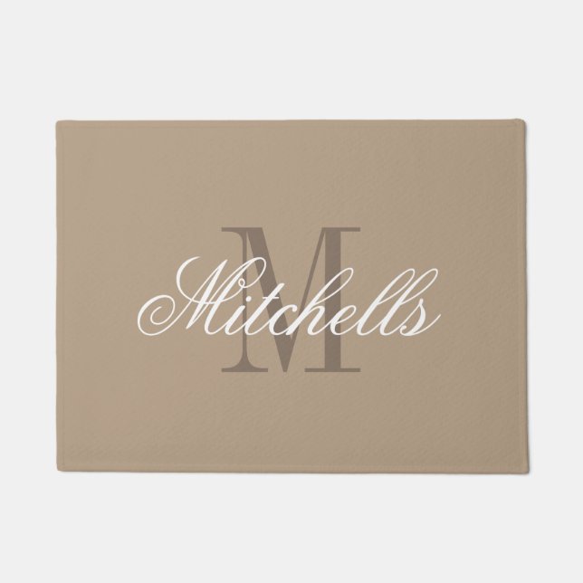 Chic khaki beige and brown name monogram door mat (Front)