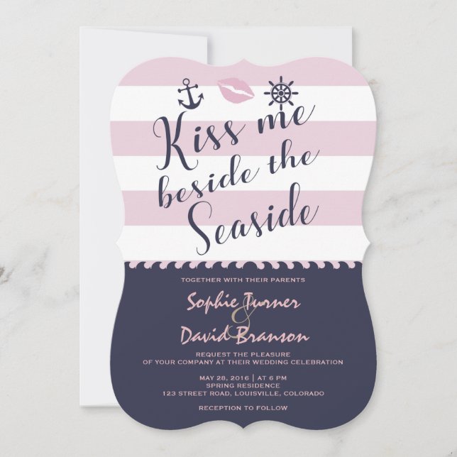 Chic Kiss Me Beside The Seaside Stripes Wedding Invitation (Front)