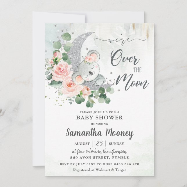 Chic Koala We're Over the Moon Girl Baby Shower Invitation (Front)
