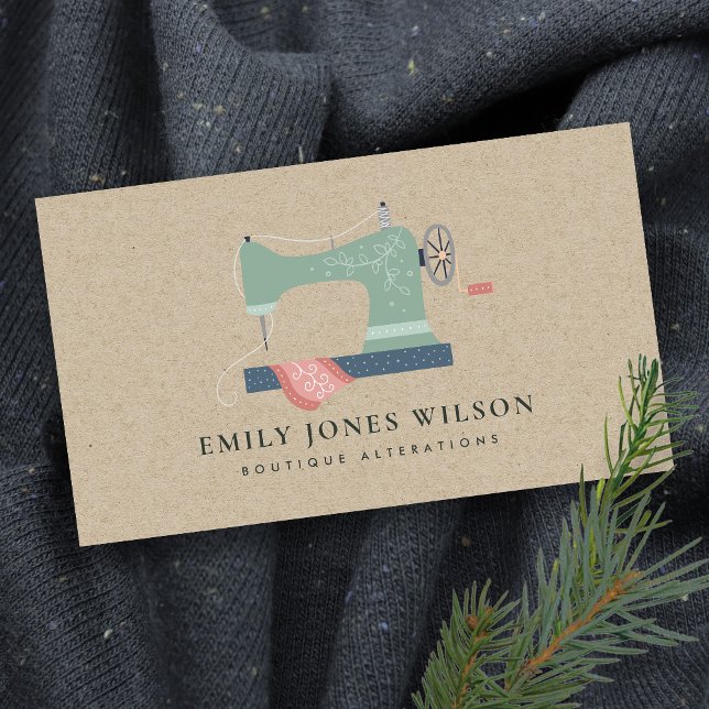 CHIC KRAFT GREEN ORANGE PINK SEWING MACHINE TAILOR BUSINESS CARD (Creator Uploaded)