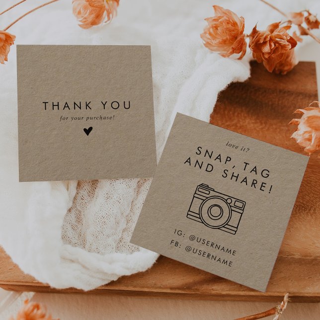 Chic Kraft Paper Social Media Snap Share Thank You Square Business Card (Creator Uploaded)