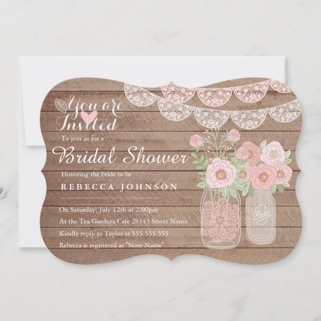 Chic Lace Mason Jar & Wood Bridal Shower Invite (Front)