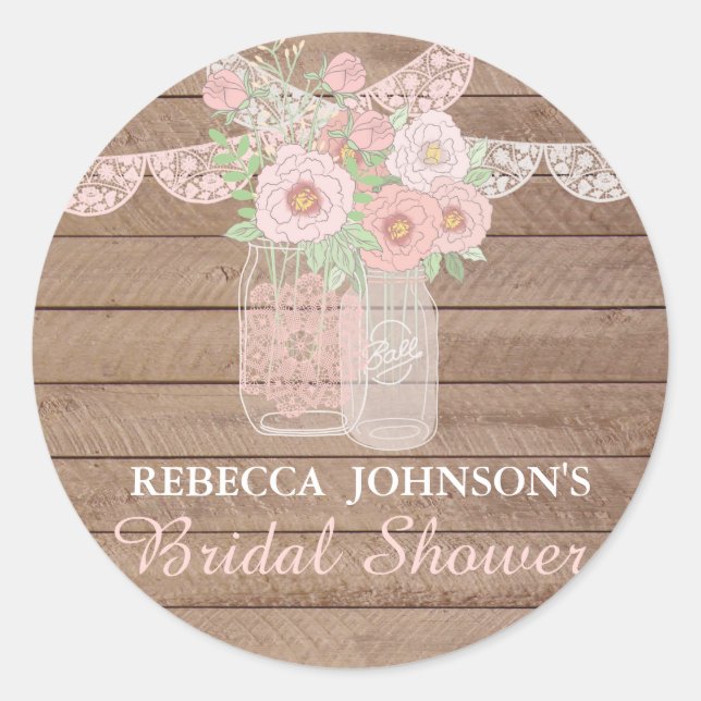 Chic Lace Mason Jar & Wood Bridal Shower Sticker (Front)