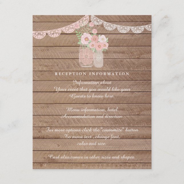 Chic Lace Mason Jar & Wood Wedding Insert card (Front)