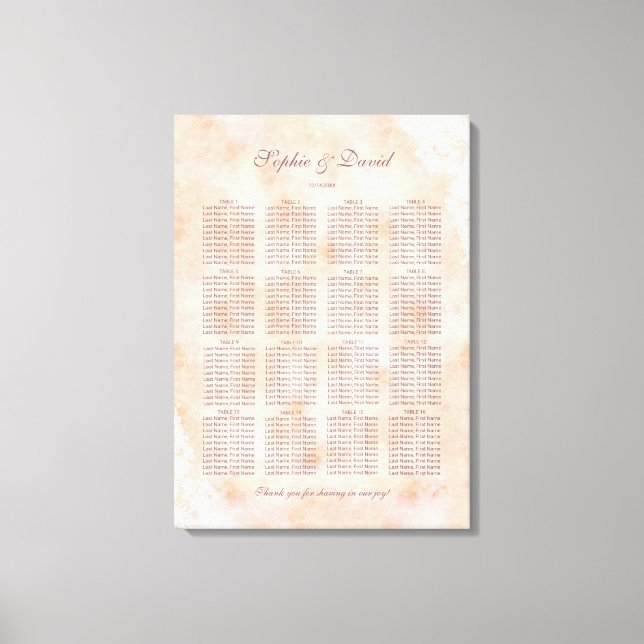 Chic Lace Roses Old Paper  Wedding Seating Chart Canvas Print (Front)