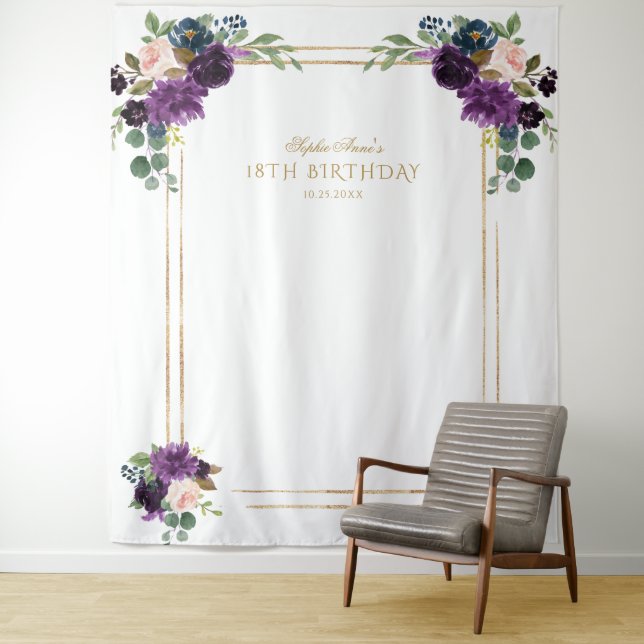 Chic Lavender Floral Gold 18th Birthday Photo Prop Tapestry (In Situ)