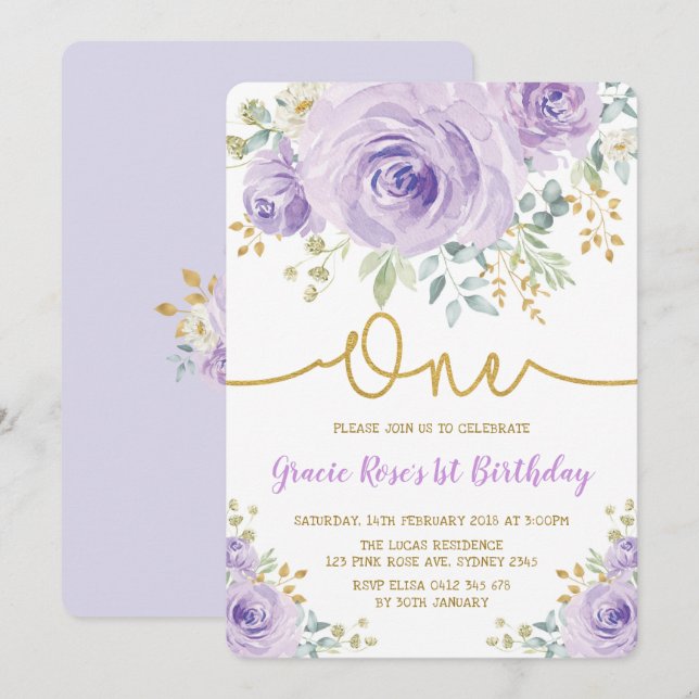 Chic Lavender Floral Rose Girl 1st Birthday Party Invitation (Front/Back)