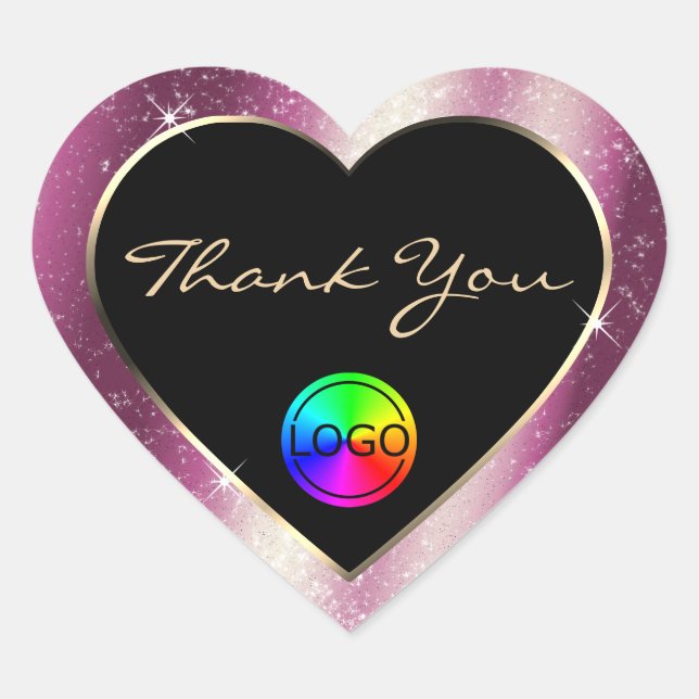 Chic Lavender Glitter Frame Thank You and Logo Heart Sticker (Front)