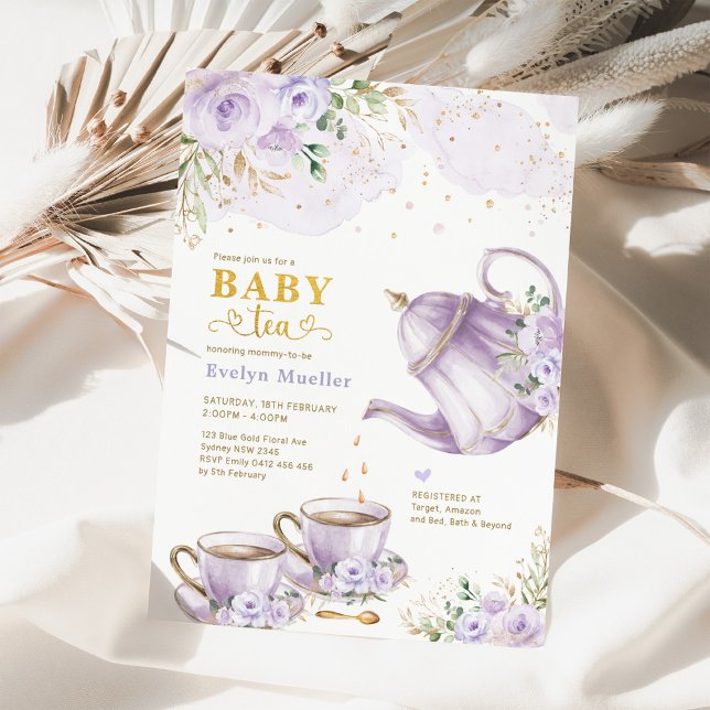 Chic Lavender Gold Floral Baby Shower Tea Party Invitation (Creator Uploaded)