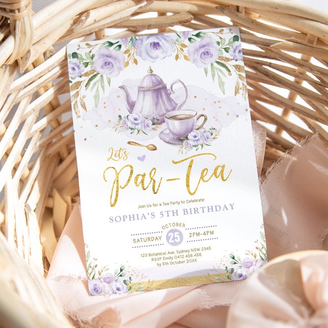 Chic Lavender Gold Floral Girls Birthday Tea Party Invitation (Creator Uploaded)
