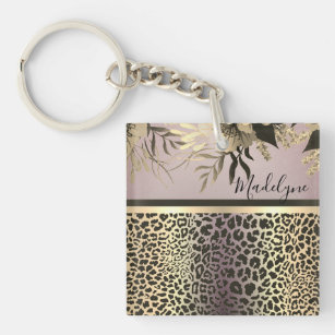 Chic Lavender Gold Leopard Safari Floral Customise Key Ring