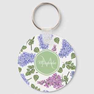Chic Lavender Lilac Floral Pastel Green Monogram Key Ring