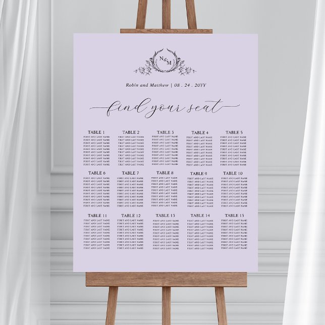 Chic Lavender Monogram Wedding Seating Chart Sign (Creator Uploaded)
