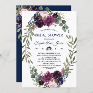 Chic Lavender Navy Blue Floral Bloom Bridal Shower Invitation