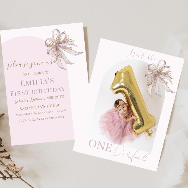 Chic Lavender Ribbon bow First birthday  Invitation (Creator Uploaded)