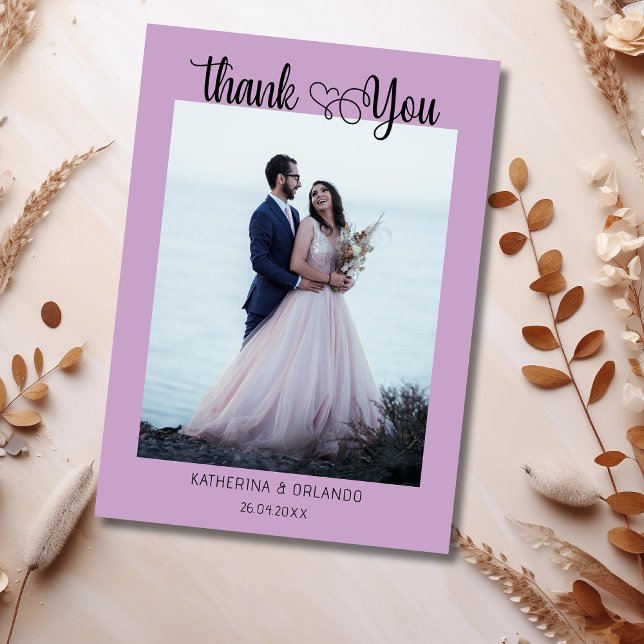 Chic Lavender Script with Heart Wedding Photo Thank You Card (Creator Uploaded)