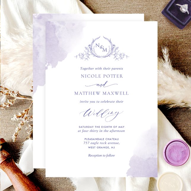 Chic Lavender Watercolor Stains, Monogram Wedding Invitation (Creator Uploaded)