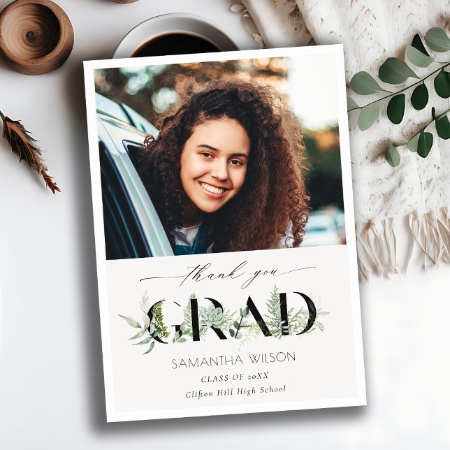 Chic Leafy Fern Succulent Foliage Photo Graduation Thank You Card (Creator Uploaded)