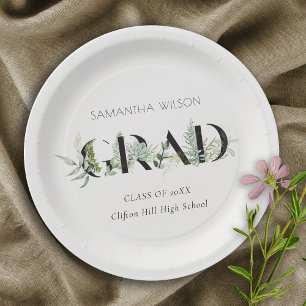 Chic Leafy Fern Succulent Green Foliage Graduation Paper Plate