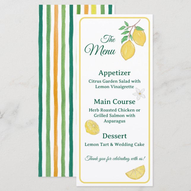Chic Lemon and Lime Floral Wedding Menu Card (Front/Back)