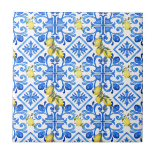 Chic Lemon Blue Mediterranean Curtain Tile
