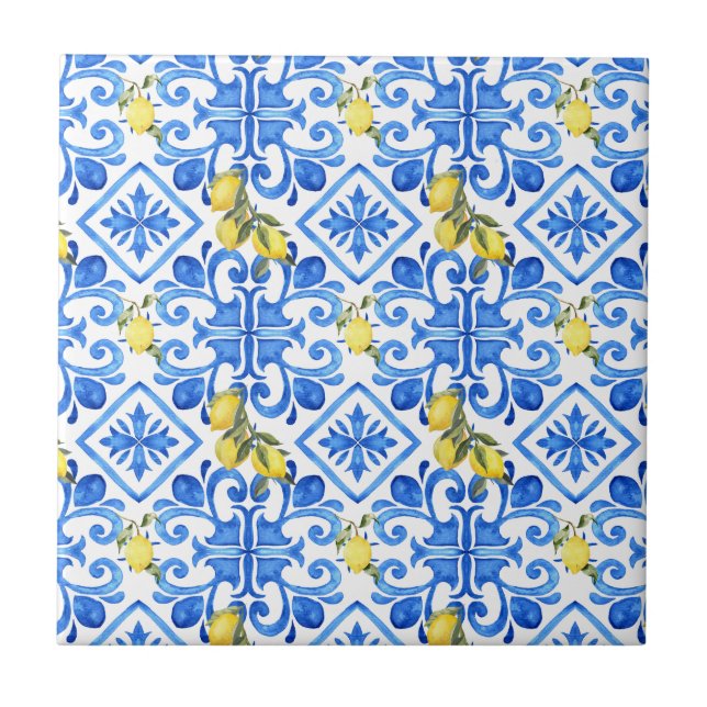 Chic Lemon Blue Mediterranean Curtain Tile (Front)