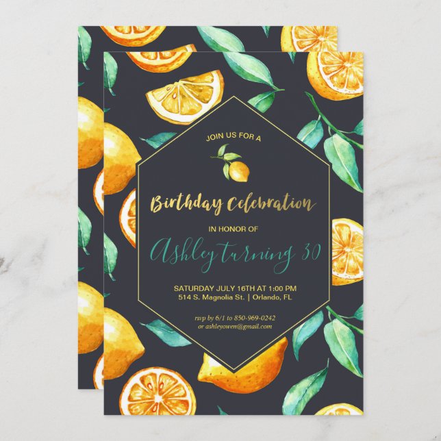 Chic Lemon Citrus Birthday Invitation (Front/Back)
